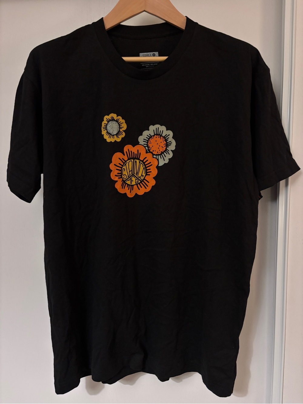 Stance Mens Crewneck Tee Size Medium Black Floral Graphic Logo Streetwear Skate